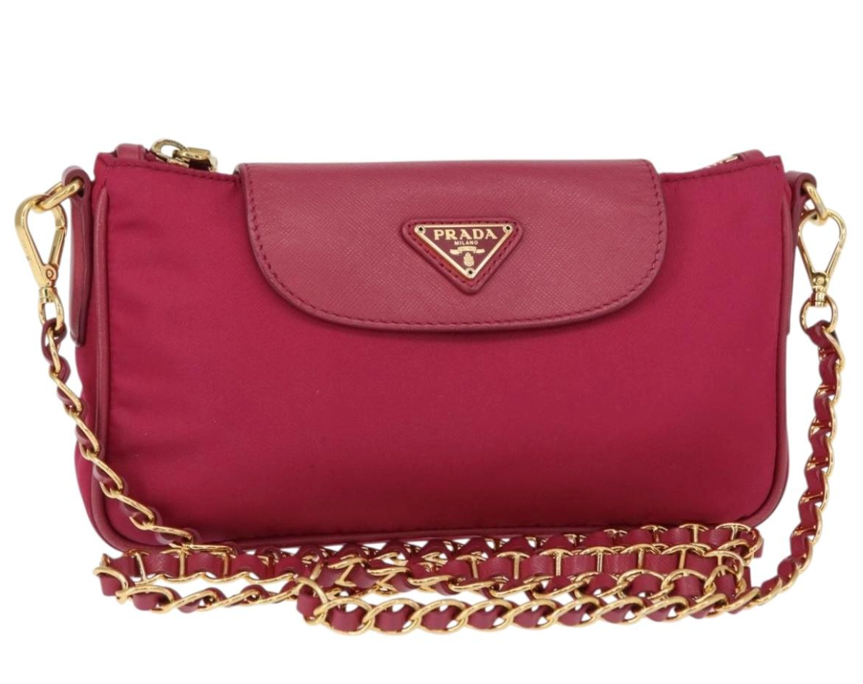 #25 Prada Chain Shoulder Bag Nylon Leather Pink Gold