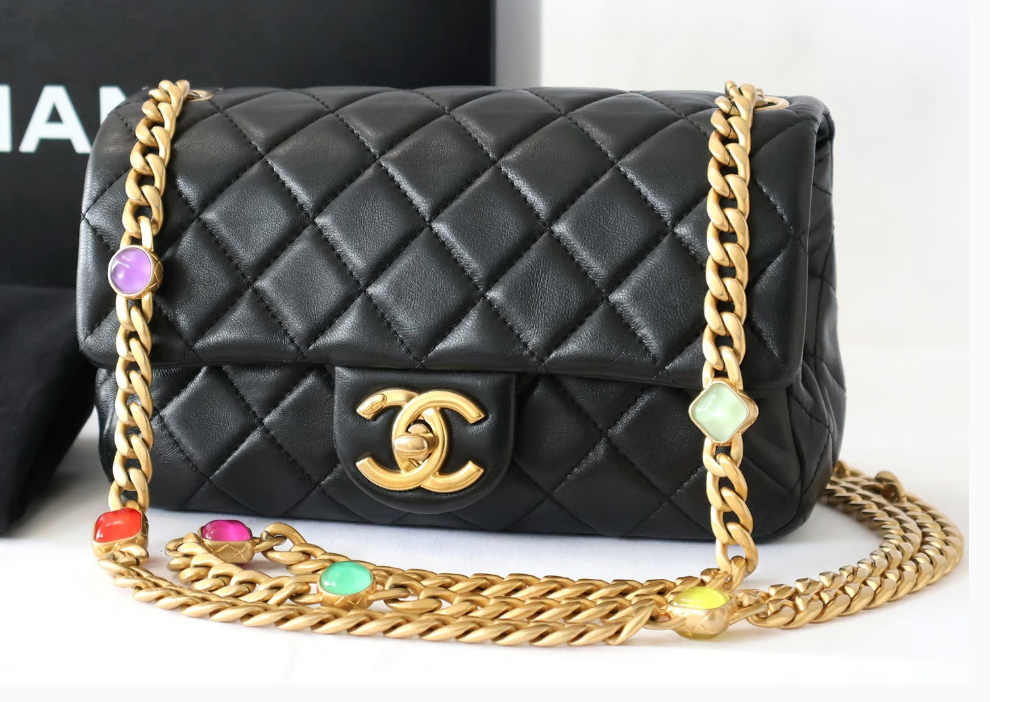 Chanel Black Quilted Lambskin Mini Rectangular Flap Multicolor Gemstone Chain