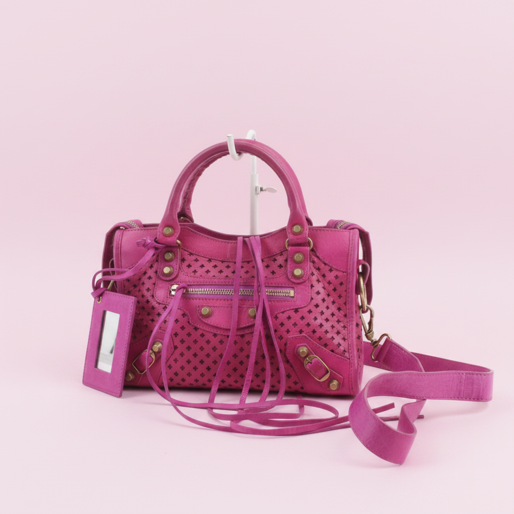 Balenciaga Perforated Mini City Bag in Pink Leather