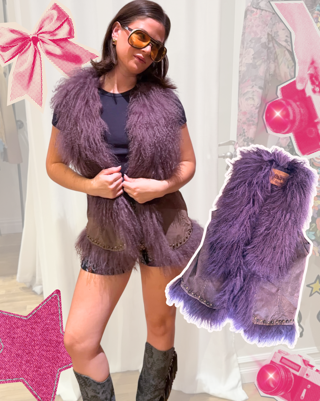 Pepe Jeans London Purple fur and suede studded vest