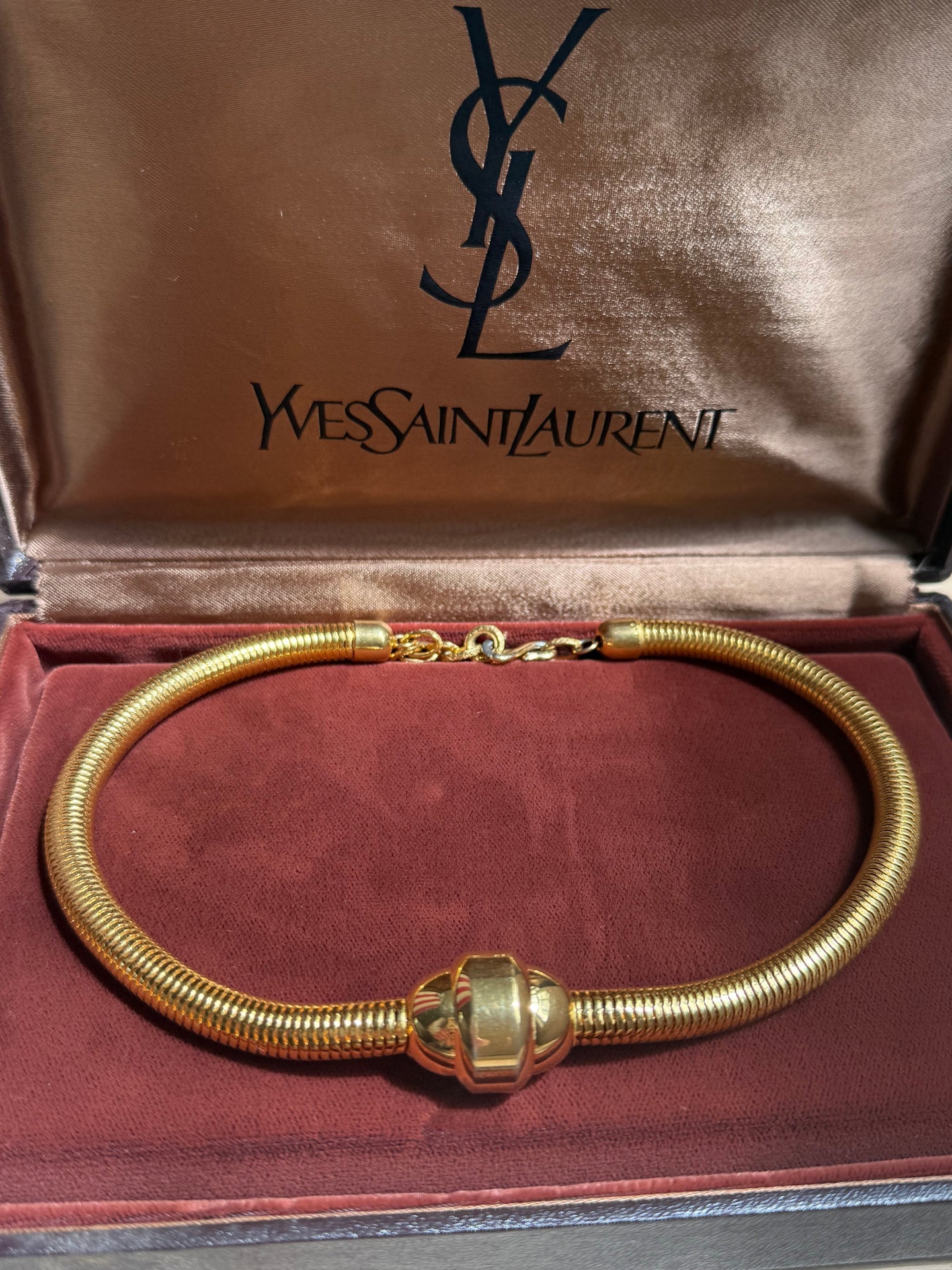 Vintage 1980s authentic Yves Saint Laurent Gold tubogas Snake Chain Pendant Necklace gold plated 