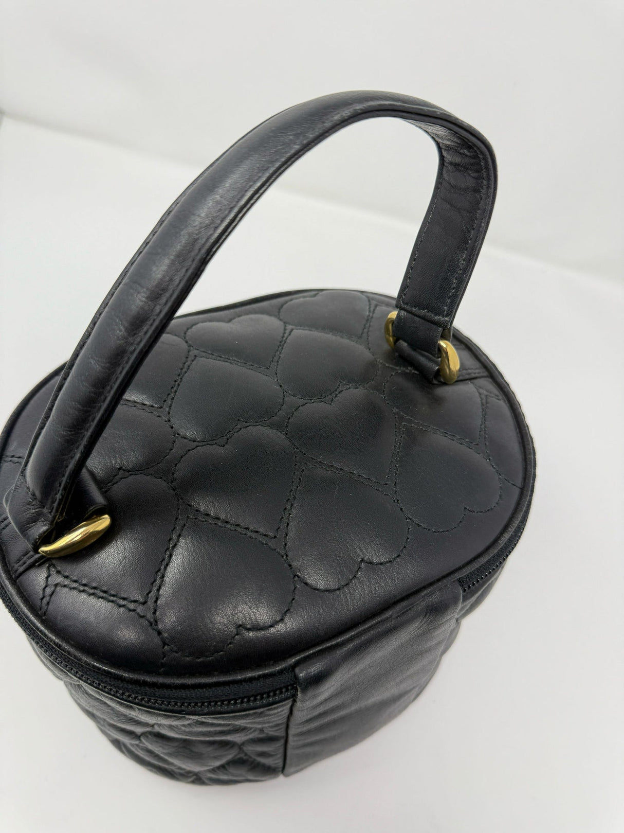 Moschino Black Leather Oval Quilted Heart Vanity Bag
