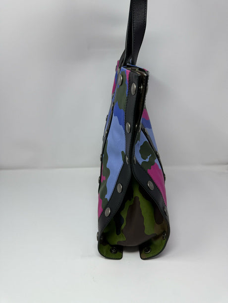 Moschino Blue Pink Black Camo Print Leather Tote Bag