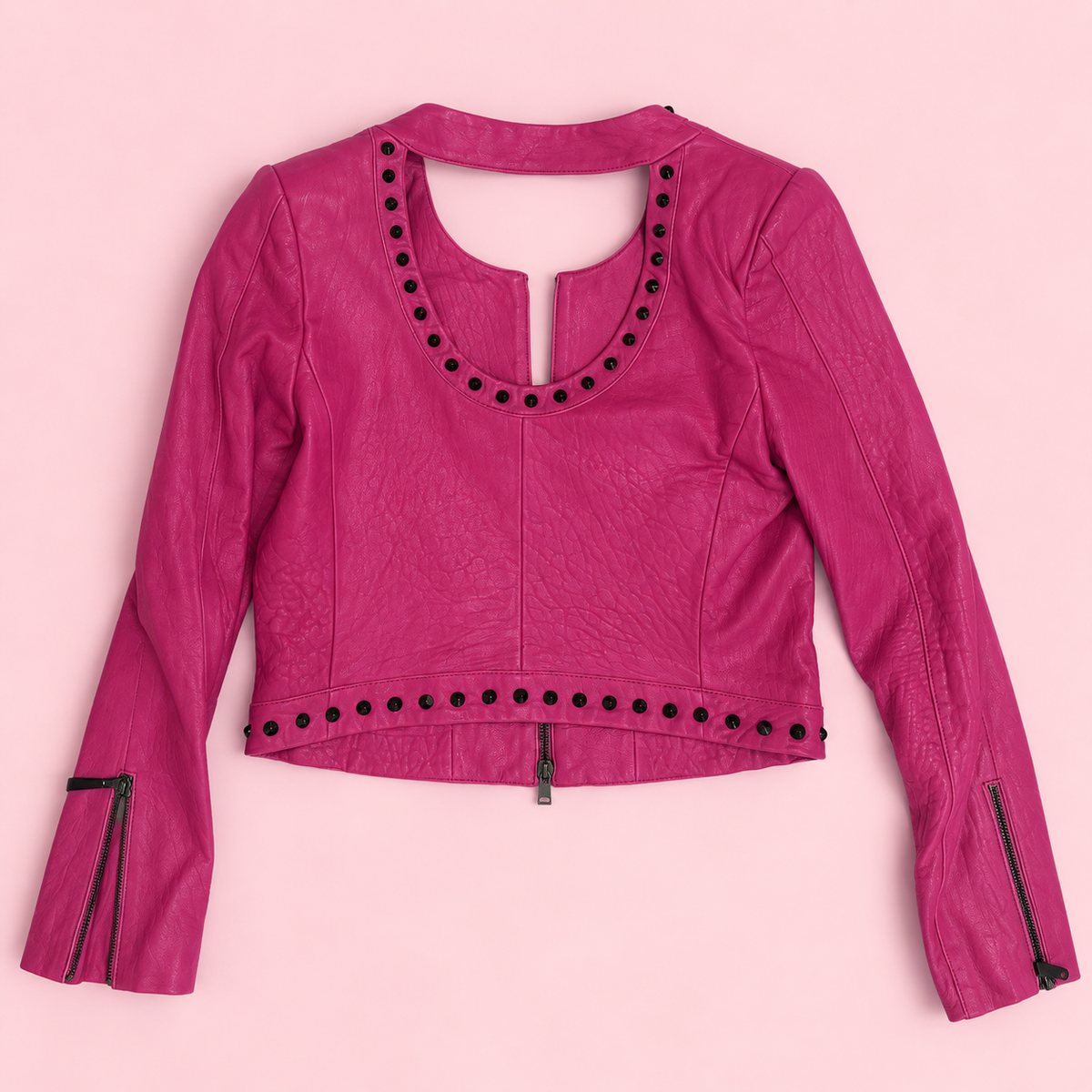 Hot Pink Studded Leather Jacket with Cutout Back