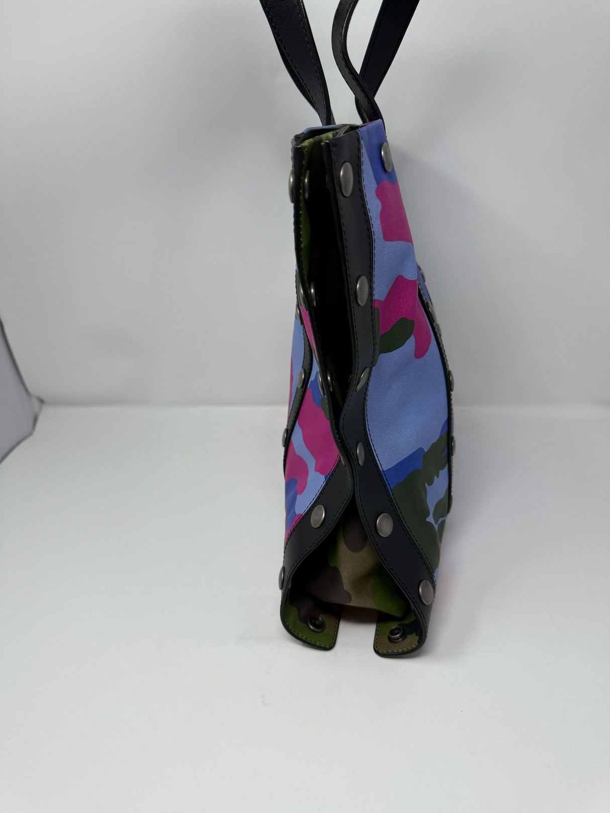 Moschino Blue Pink Black Camo Print Leather Tote Bag