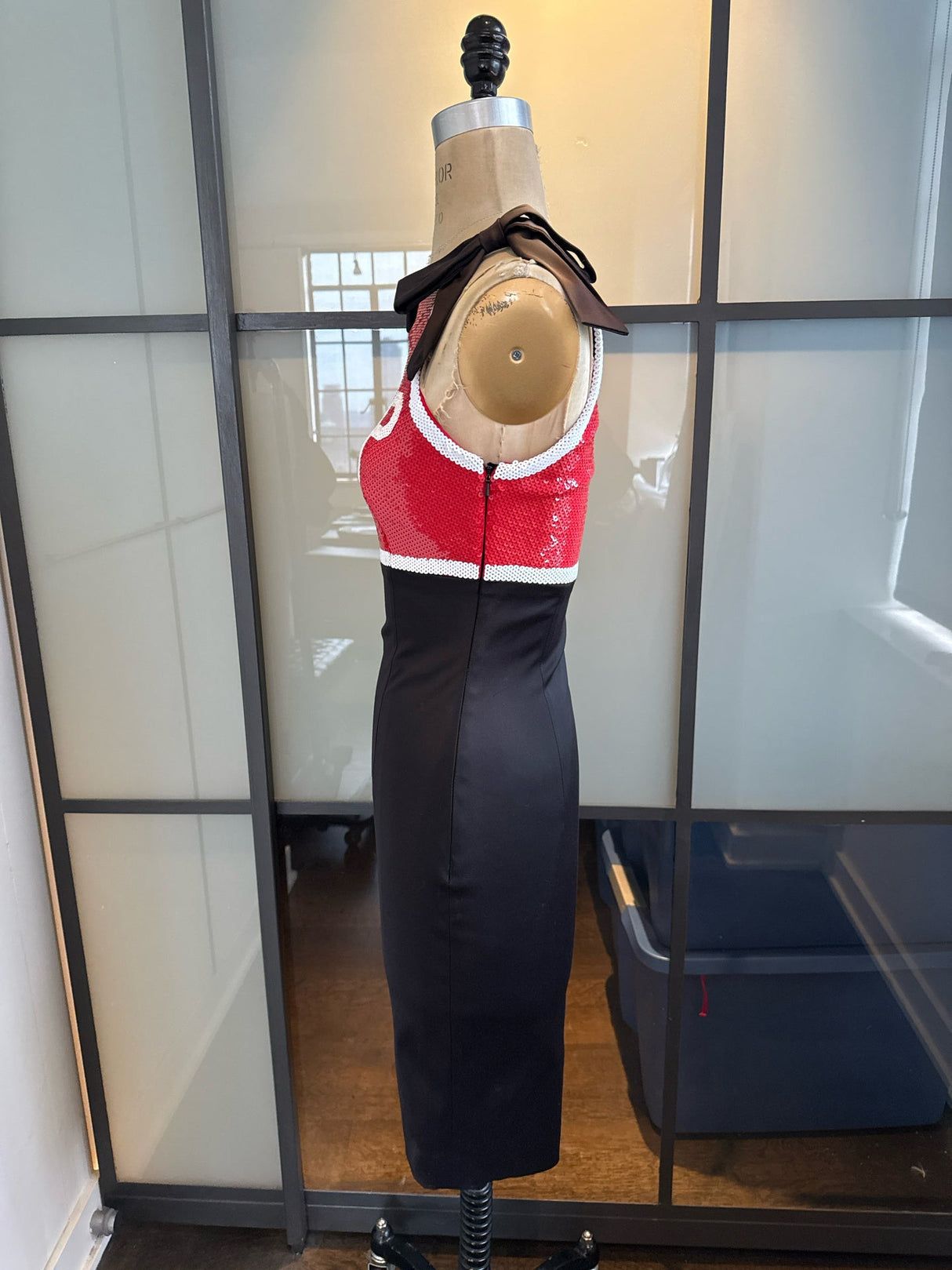Moschino Black & Red SHOP Stretch Satin Pencil Dress