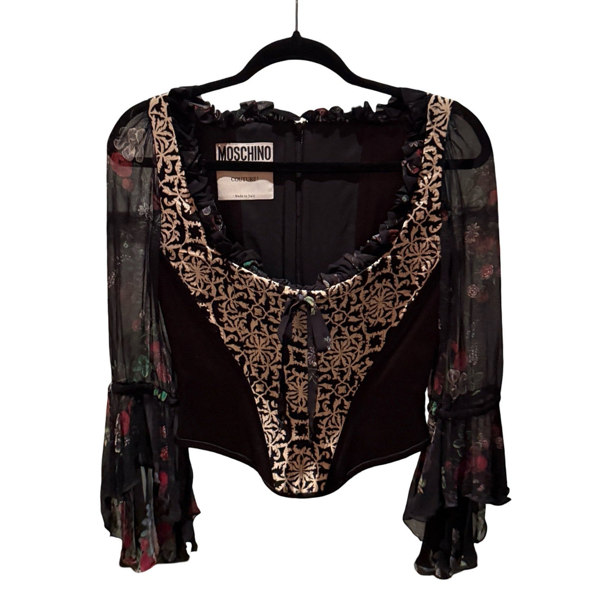 Moschino Couture Black Floral Corset With Floral Sleeves