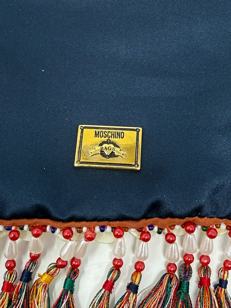 Moschino Navy Satin Beaded Button Crossbody Bag
