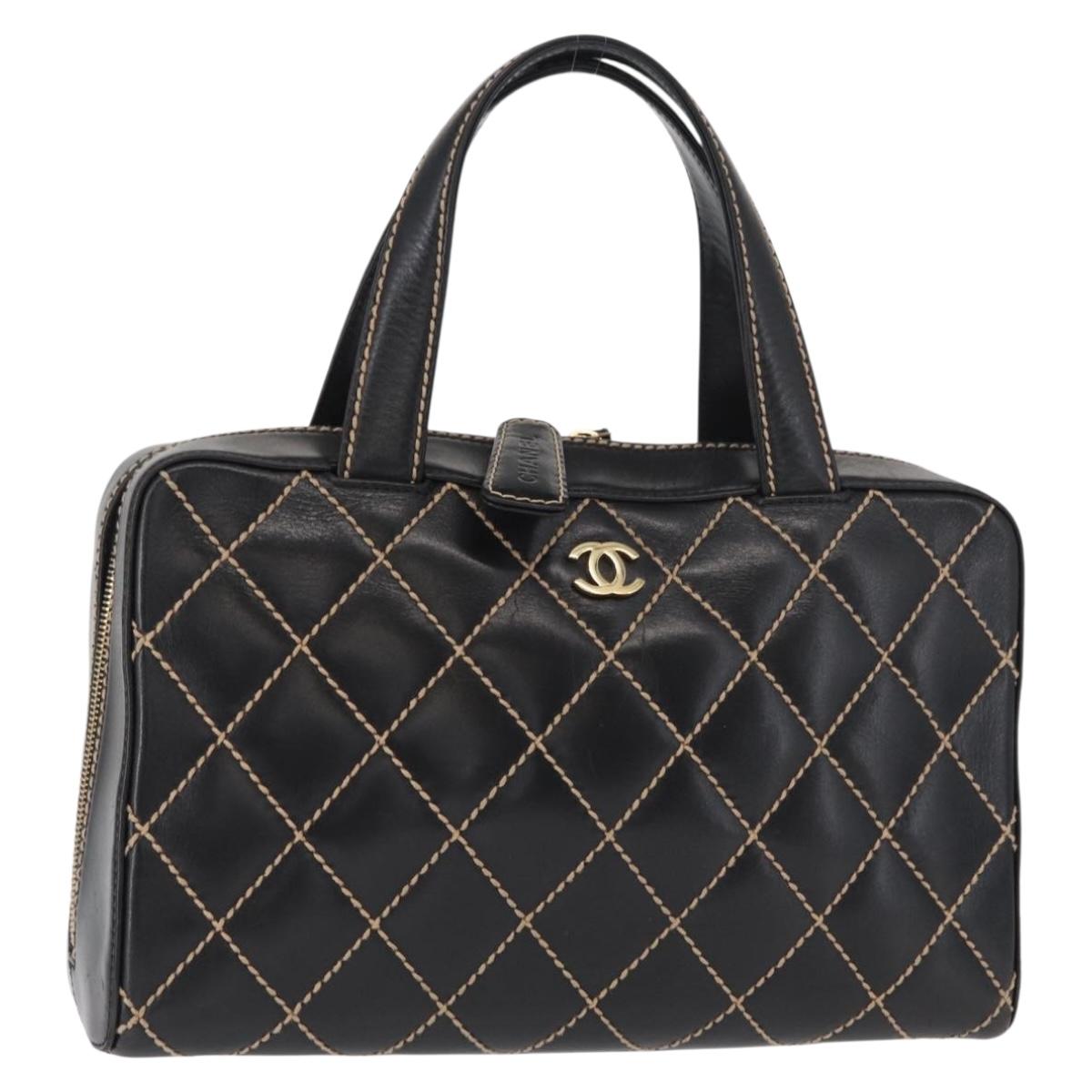 #52 Chanel Wild Stitch Hand Bag Leather Black Gold
