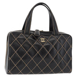 #52 Chanel Wild Stitch Hand Bag Leather Black Gold