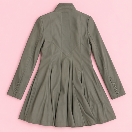 Grey Leather Pleated Longline Jacket