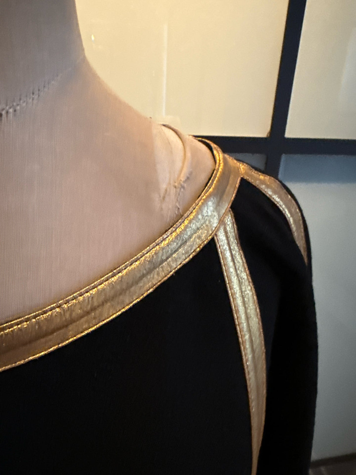 Donna Karan Black Wool Crepe Gold Leather Trim Dress