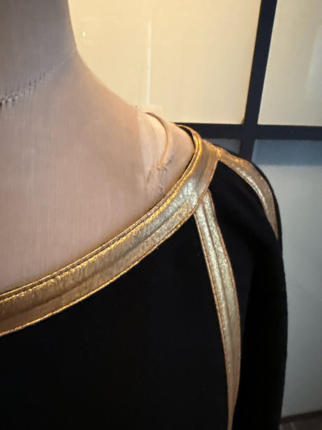 Donna Karan Black Wool Crepe Gold Leather Trim Dress
