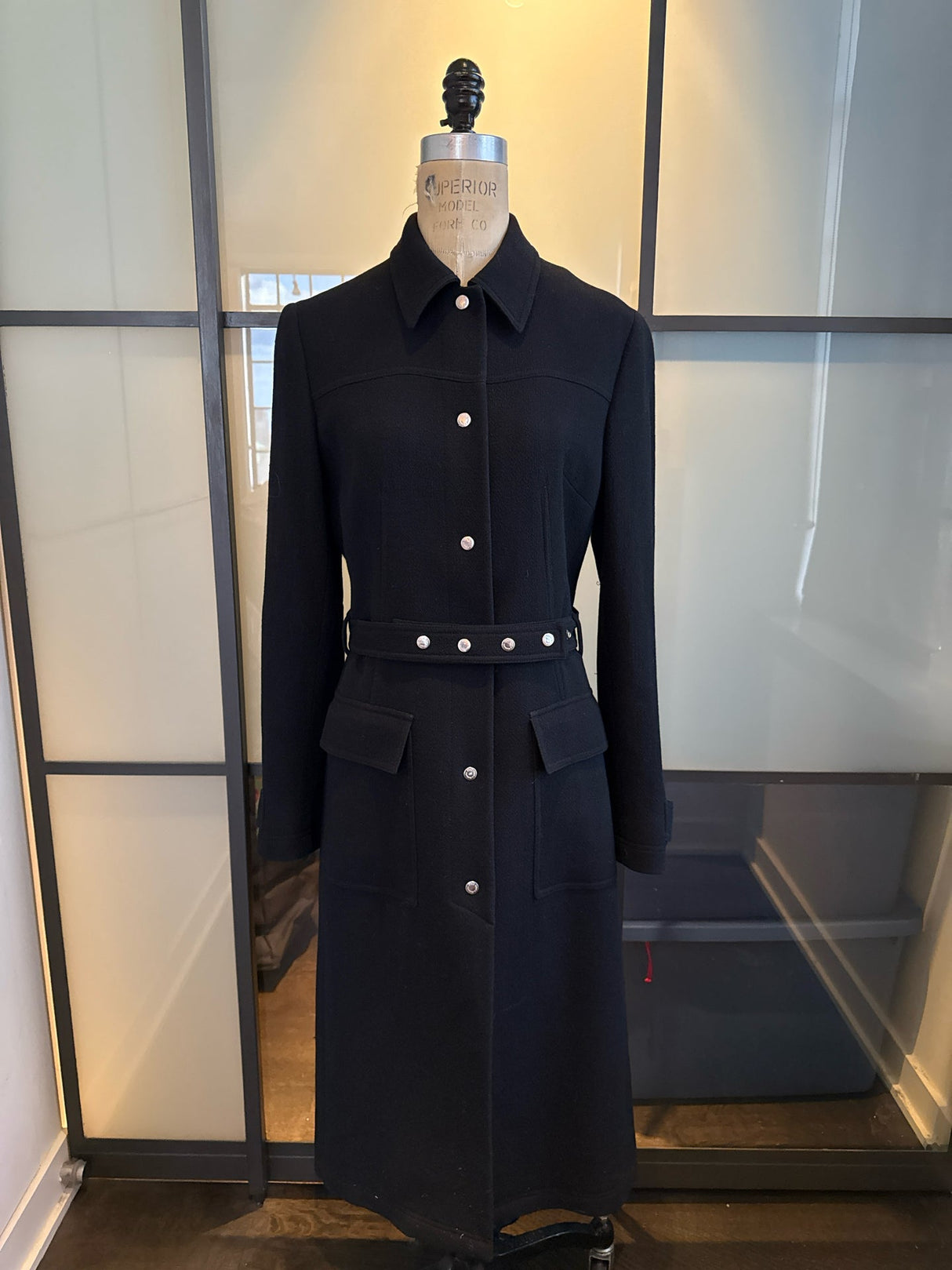 D&G Dolce & Gabbana Black Wool Crepe Coat Silver Snaps
