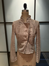 Alice & Olivia Taupe Leather Peaded Biker Moto Jacket NWT