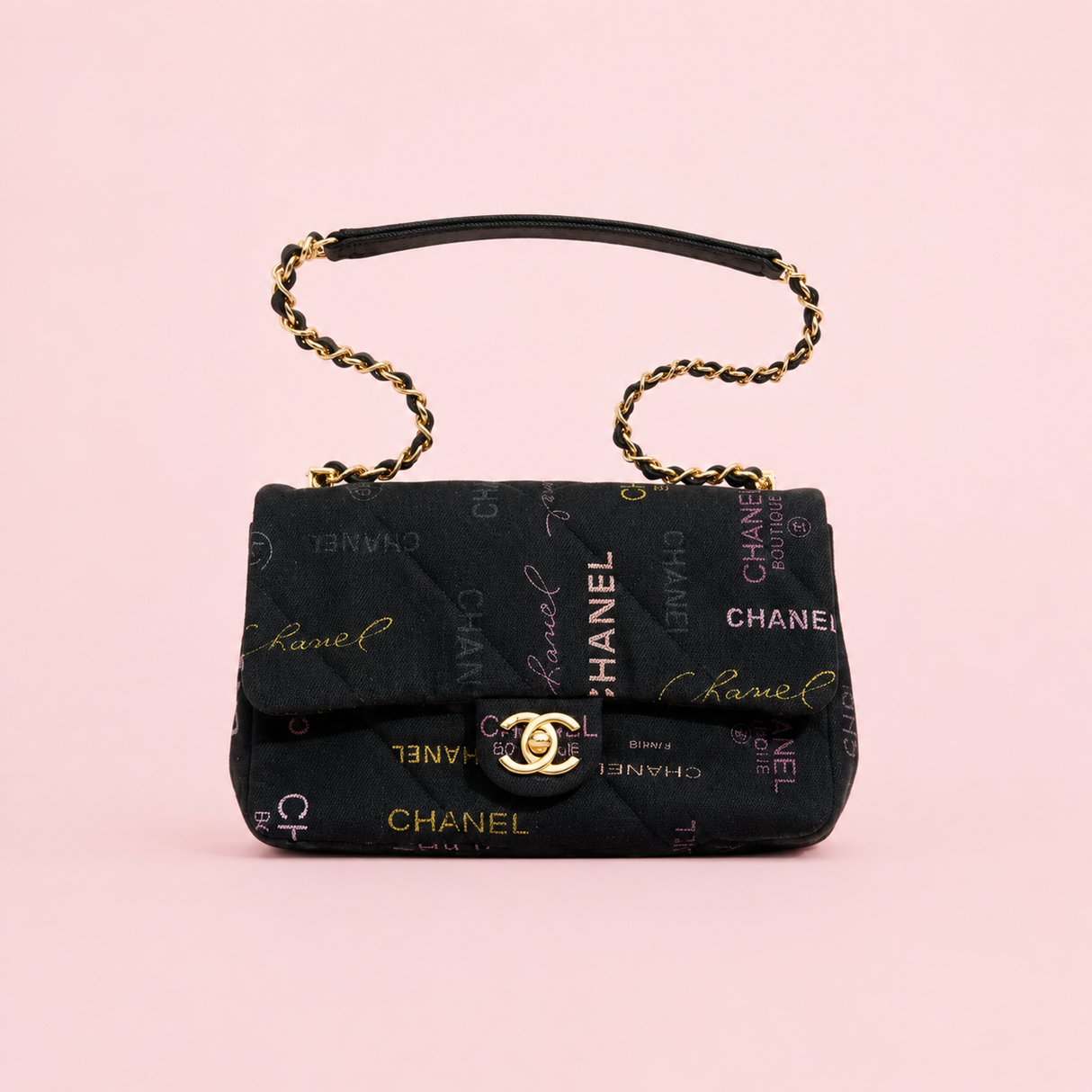 Chanel Black Denim Logo Print Quilted Flap Shoulder Bag Gold CC