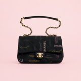 Chanel Black Denim Logo Print Quilted Flap Shoulder Bag Gold CC