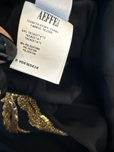Moschino Size 6 Black & Gold Embroidered Boom Box Peace Sign Dress