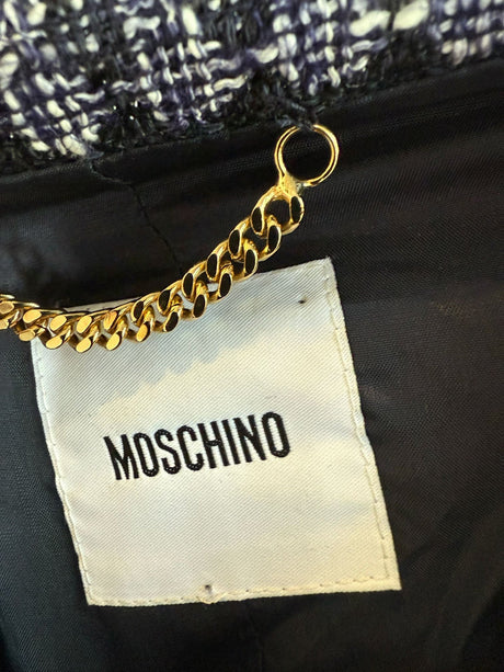 Moschino Navy & White Houndstooth Silver Chain Link Jacket