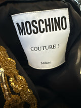 Moschino Size 6 Black & Gold Embroidered Boom Box Peace Sign Dress