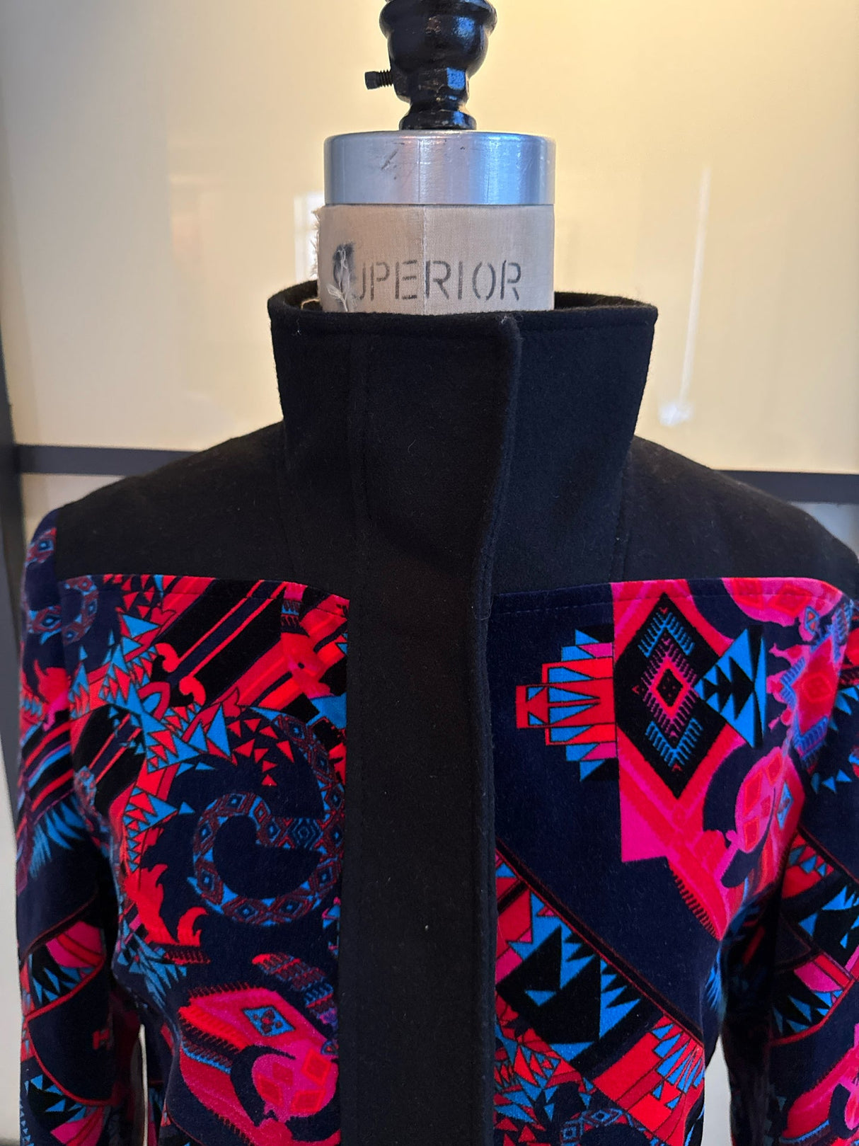 Versace Collection Size 42 Black & Pink Wool & Velvet Funnel Neck Coat