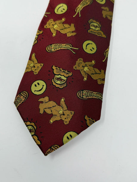 Moschino Brown, Burgundy,Yellow Silk Smiley Face Bear Neck Tie