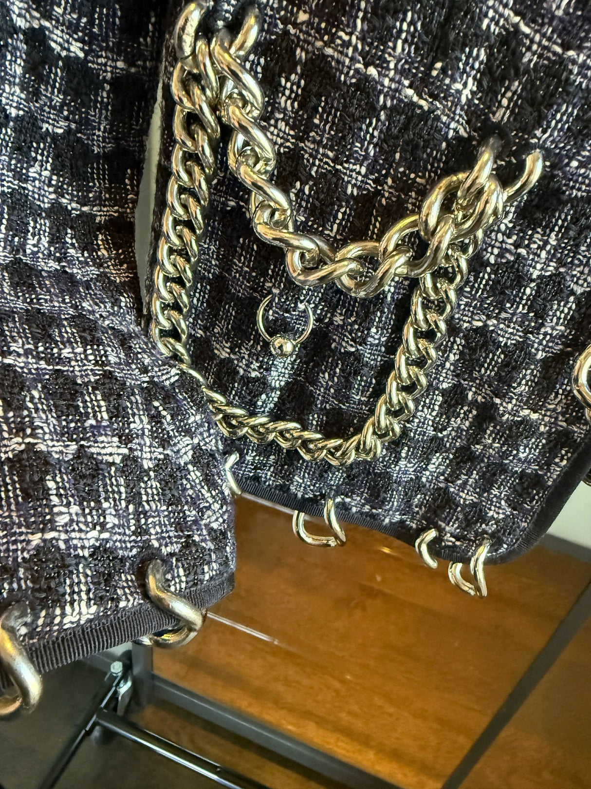 Moschino Navy & White Houndstooth Silver Chain Link Jacket