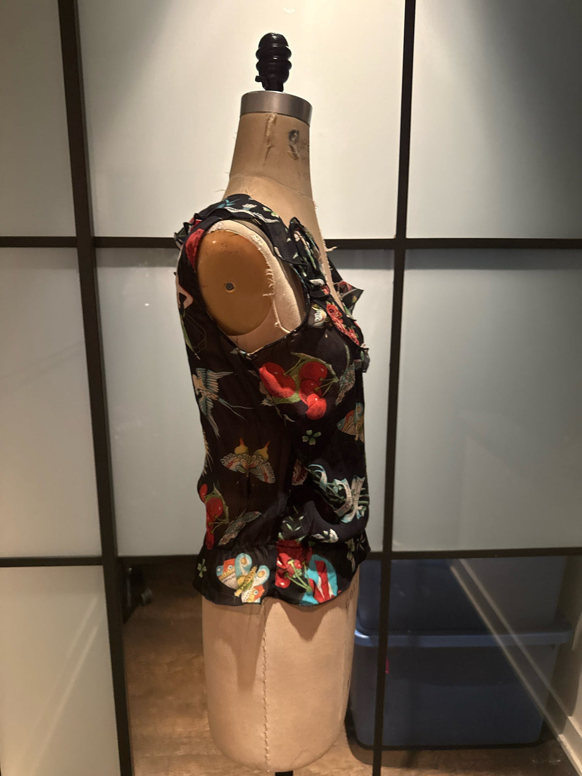 Moschino Size 6 Black & Red Silk Cherry Butterfly Blouse Ruffle