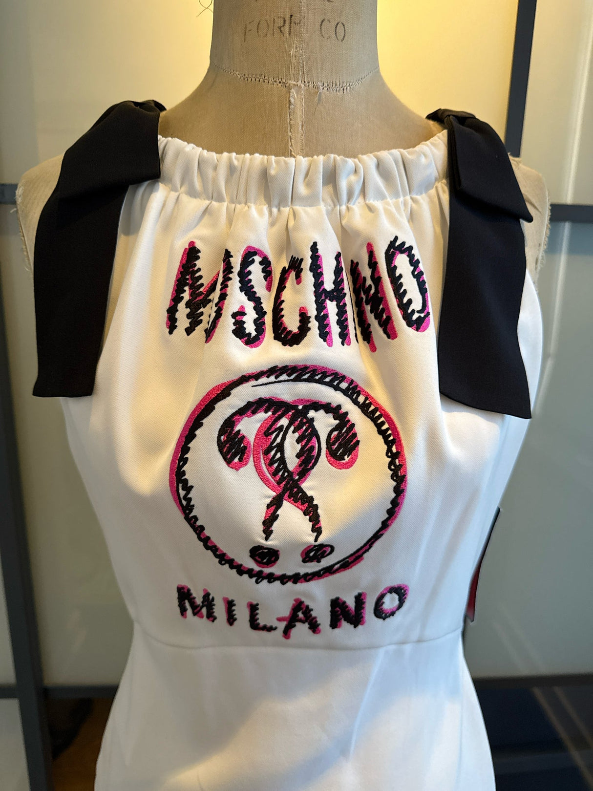 Moschino Size 4 White & Pink Black Bow Ribbon Dress NWT