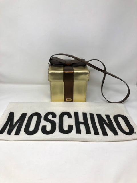 Moschino Brown Gold Leather Gift Box Bag Purse