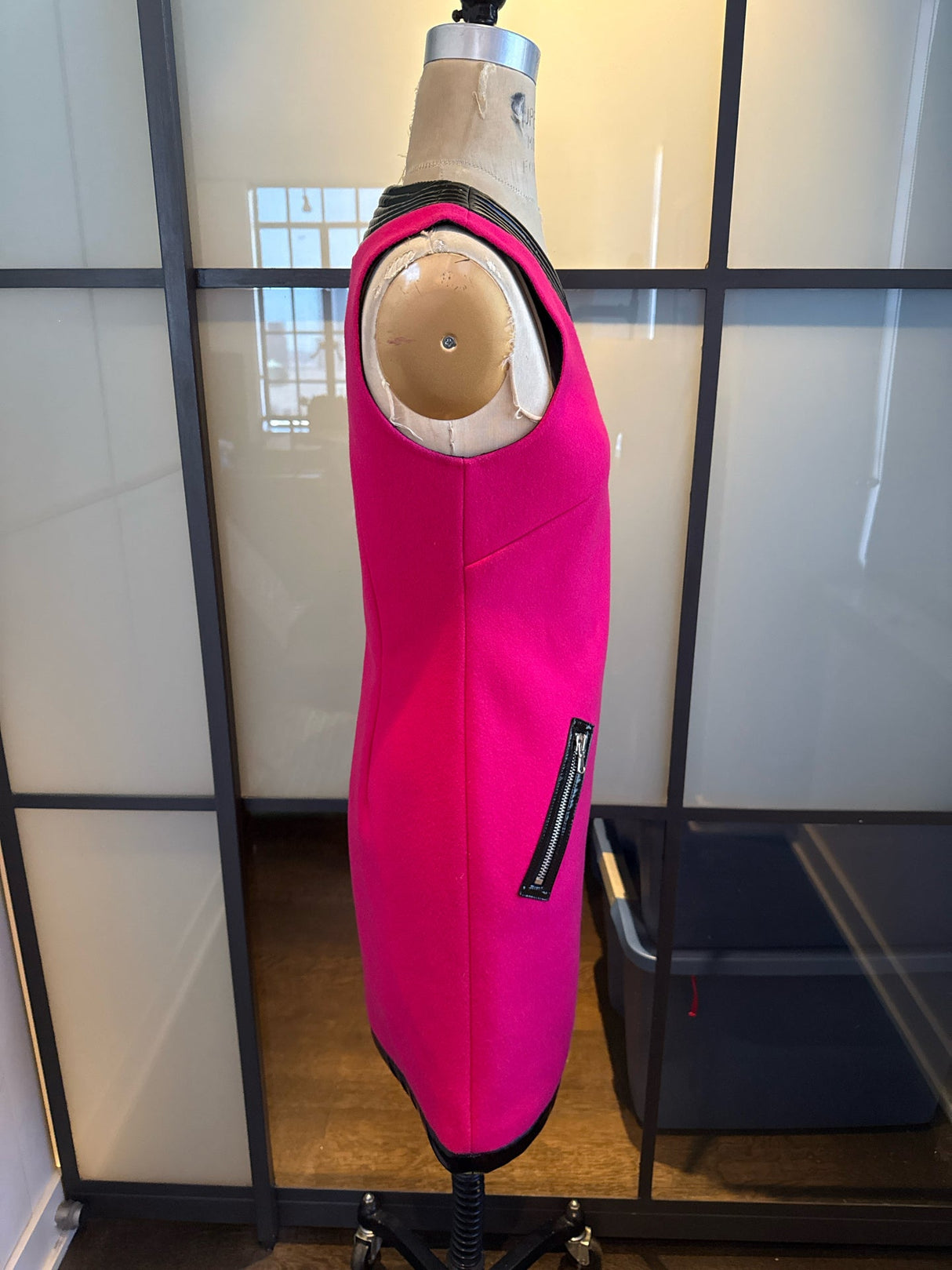 Moschino Pink & Black Wool & Faux Leather Trim Size 4  Dress