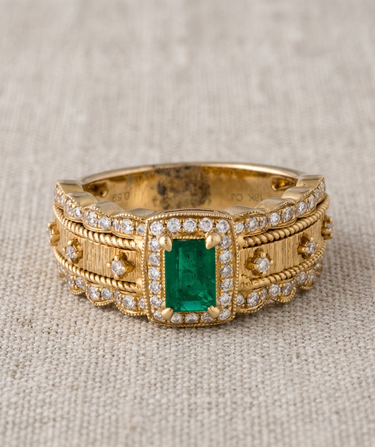 18K Emerald & Diamond Ornate Band