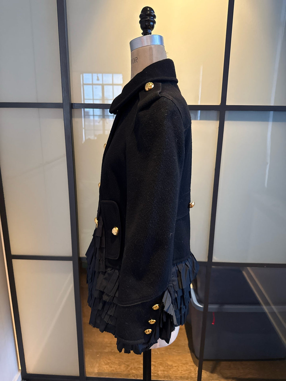 Moschino Black Wool Taffeta Ruffle Pea Coat