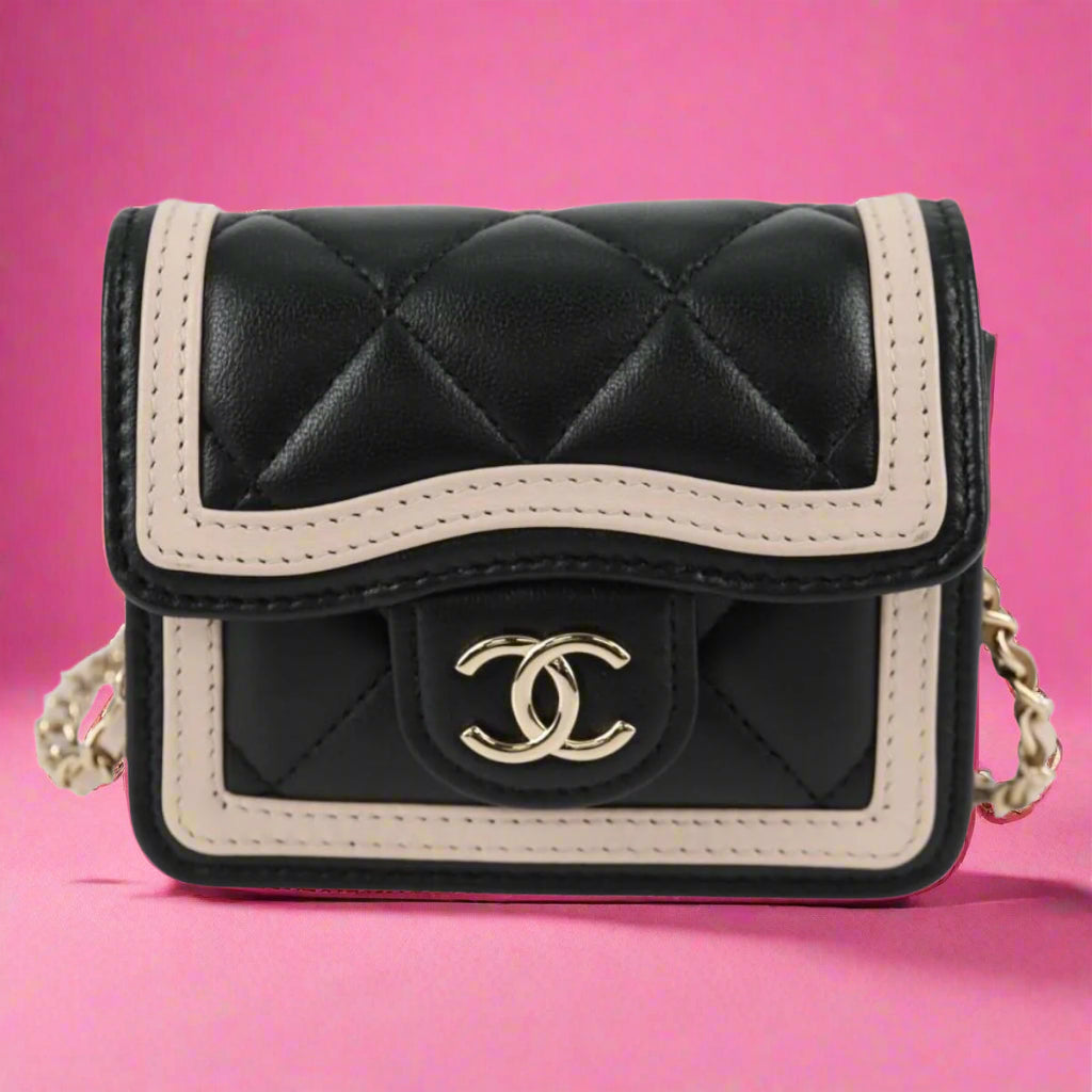 Chanel Black and White Lambskin Crossbody Chain Pouch Accessory