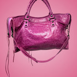 Balenciaga City Hot Pink Distressed Leather Two Way Bag